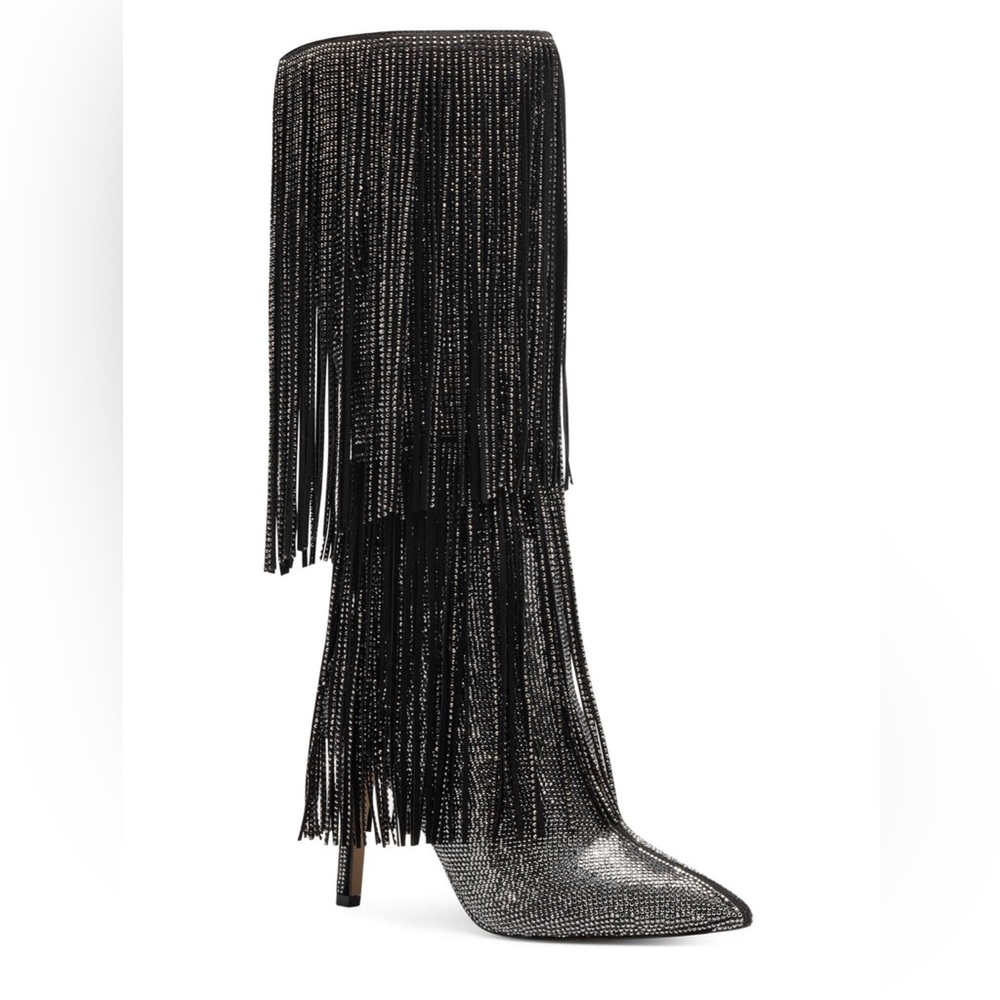 INC Ishani Bling Rhinostones Beaded Fringe Pointed Toe Knee-High Tall Boots Blac